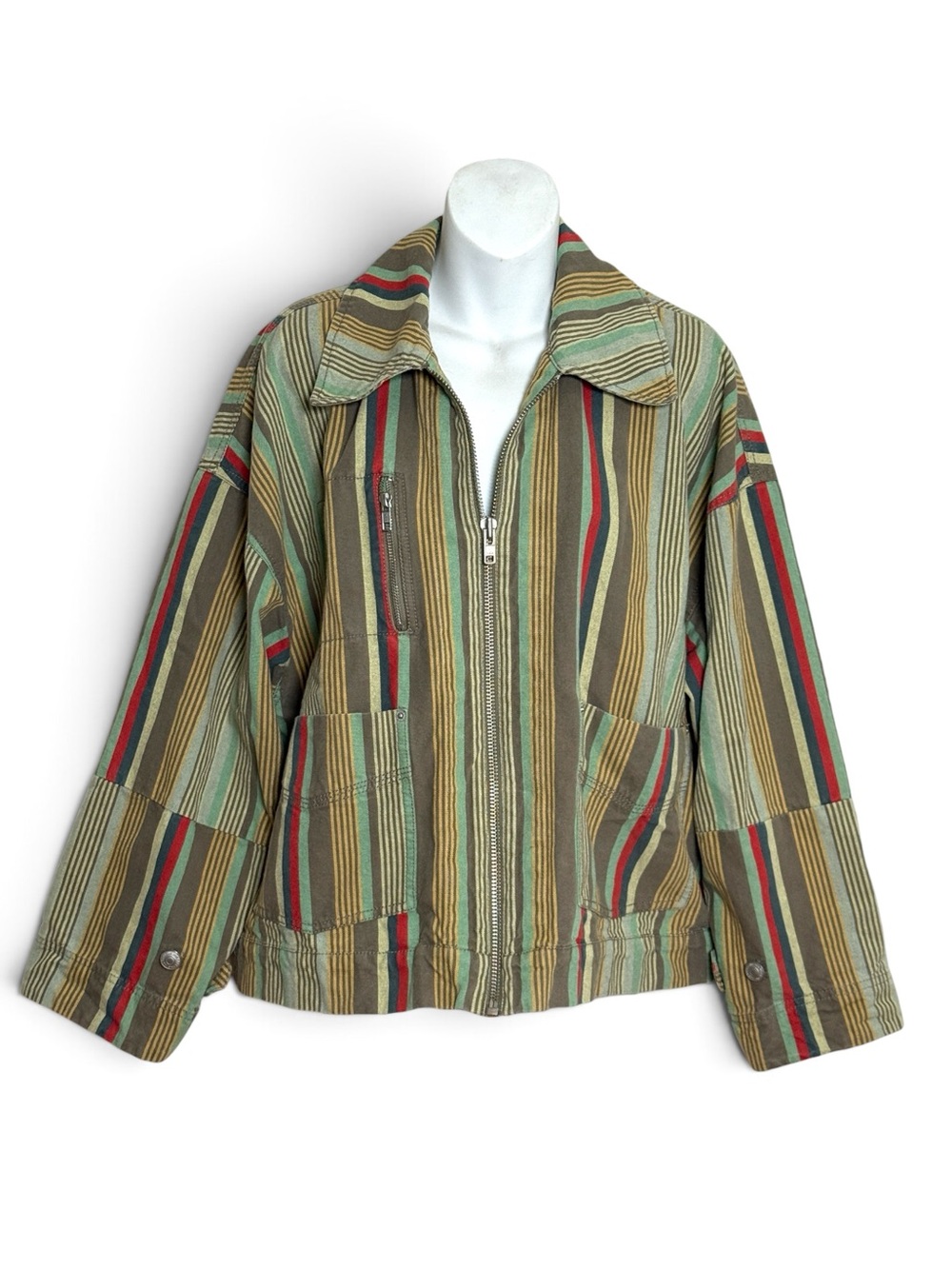 Free People Striped Green Multi-Color Zip Front chore coat utilityjacket size sm